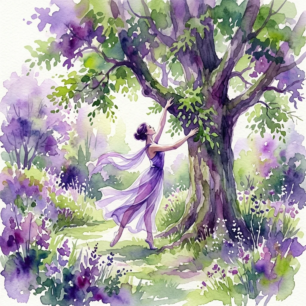 A watercolor illustration of a dancer in a flowing purple dress reaching toward a large lime tree in a lush garden, symbolizing the connection between humans and nature.
