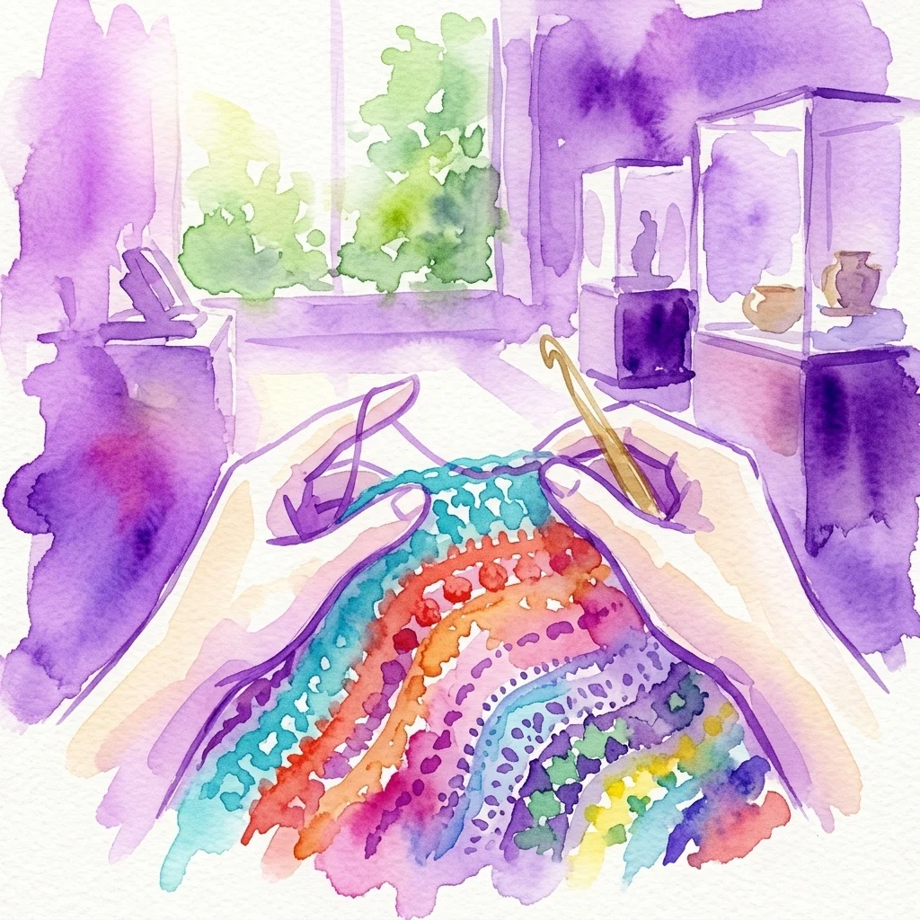 Ilustracja akwarelowa przedstawiająca dłonie dziergające kolorowy pled tęczowy podczas warsztatów w muzeum, z gablotami i zielenią w tle.