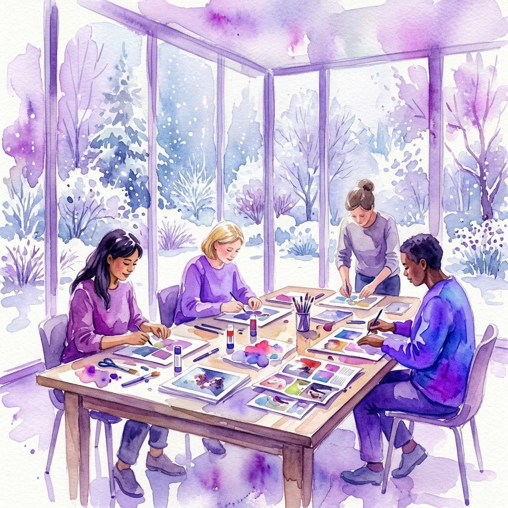 A watercolor illustration of a collage workshop in a bright, glass-walled room with participants creating art using papers and magazines, with a winter garden visible through the windows.