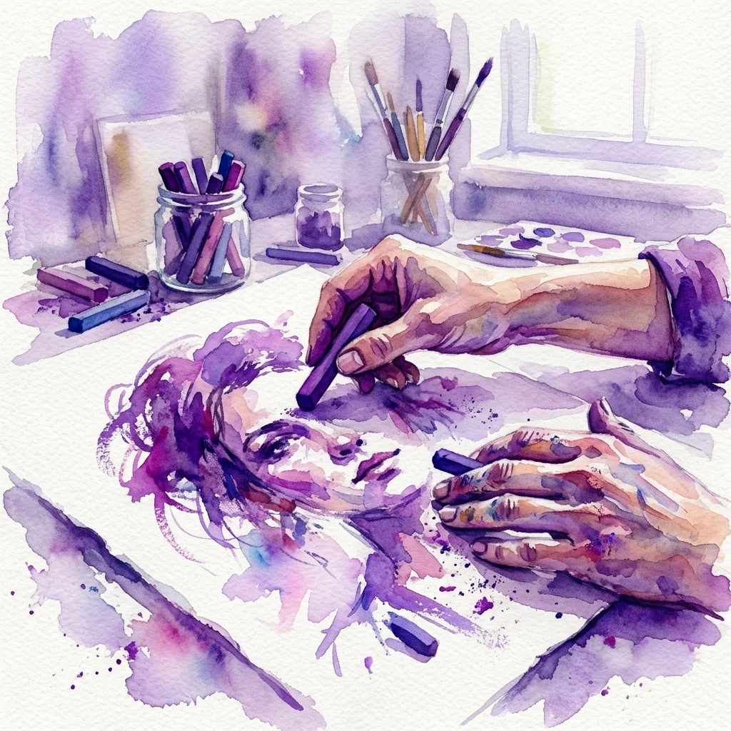 Una ilustración en acuarela de manos creando un retrato de pastel sobre papel texturizado, con barras de pastel y materiales de arte en un estudio de tonos morados.