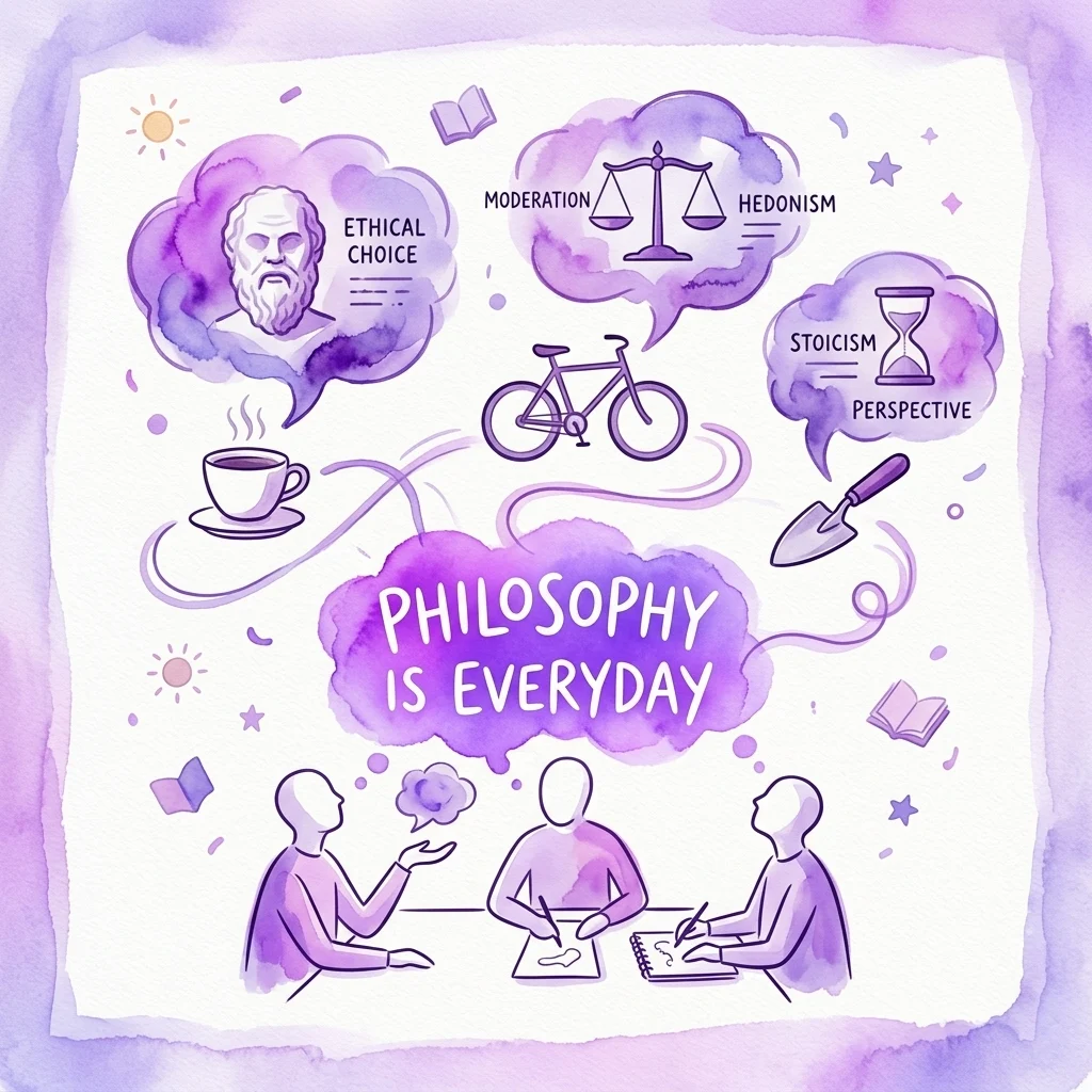 Een aquarelillustratie die mensen toont in een discussie met denkballonnen met filosofische concepten als ethische keuze, moderatie, hedonisme, stoïcisme en perspectief, met de centrale tekst 'FILOSOFIE IS DAGELIJKS'.