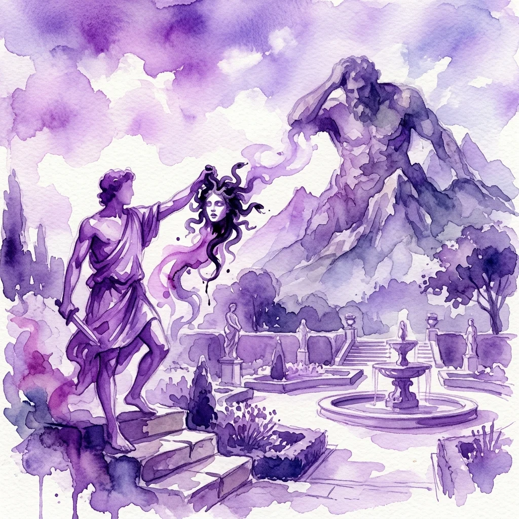 A purple watercolor illustration of Perseus holding the severed head of Medusa, with the titan Atlas transforming into a mountain in a French garden setting.