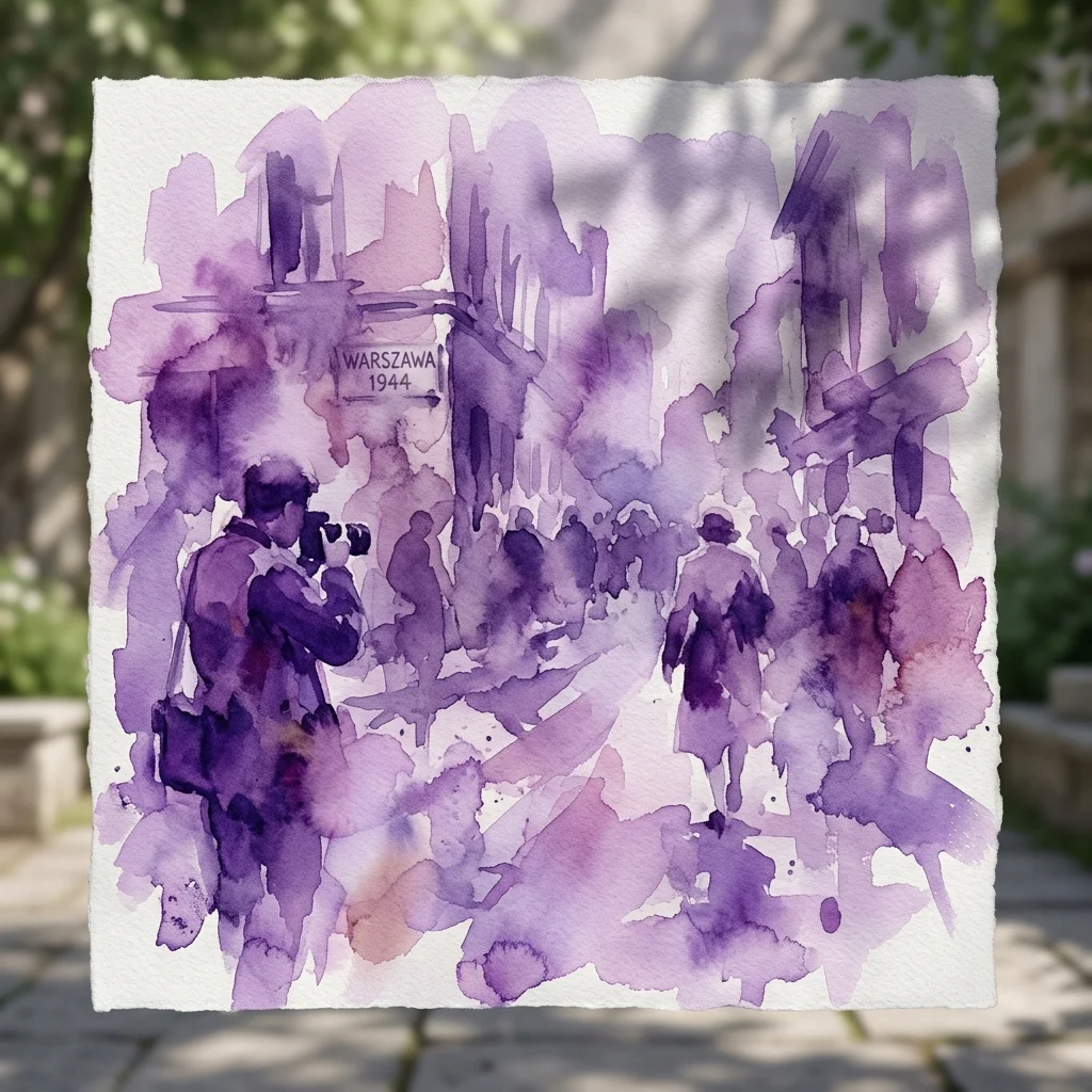 Una acuarela de tonos morados que representa una escena callejera en Varsovia en 1944, con un fotógrafo y una señal de tráfico, expuesta al aire libre en una galería de jardín.