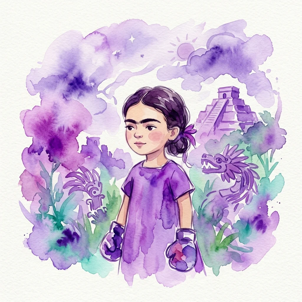A watercolor illustration of a young girl with dark hair and boxing gloves, inspired by Frida Kahlo, surrounded by purple and green flora, a Mayan pyramid, and a mythical serpent, from the children's story Piękna.