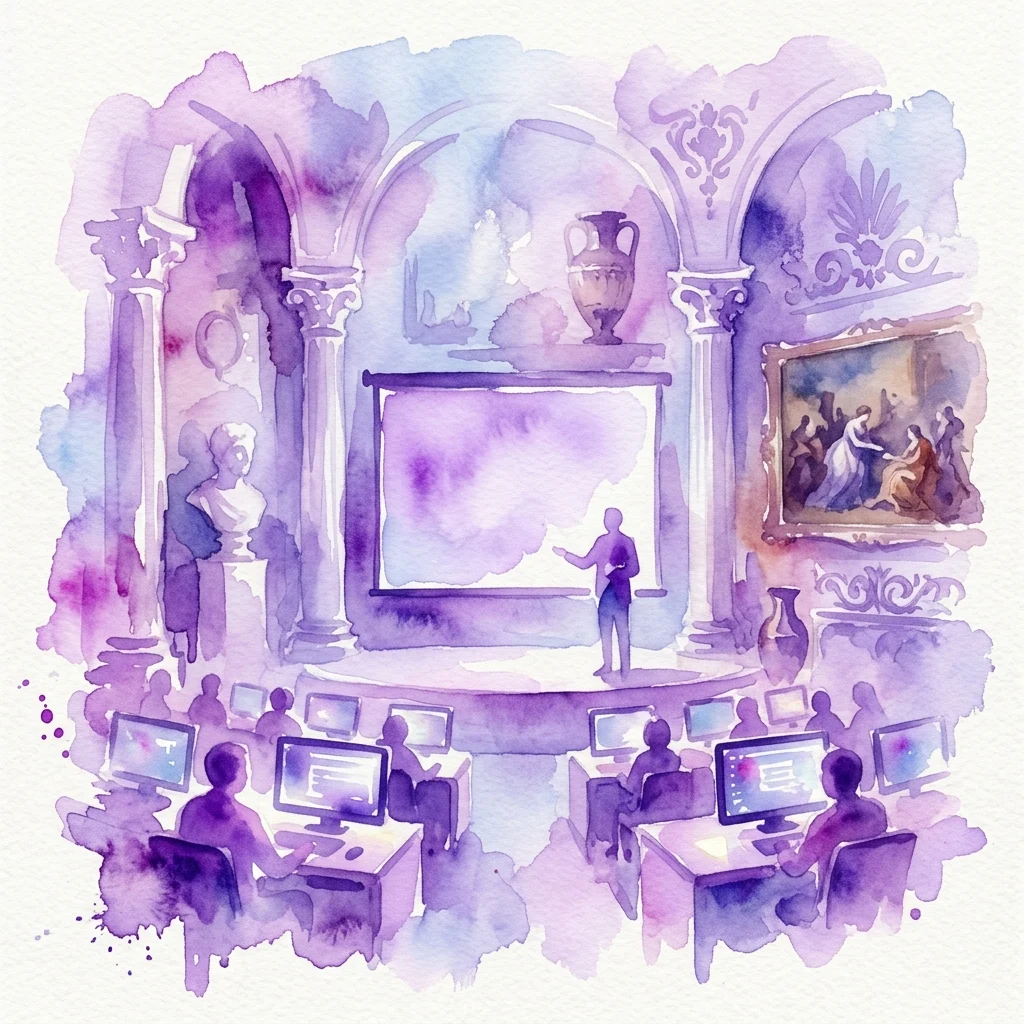 Ilustracja akwarelowa wirtualnego wykładu w zabytkowej sali, z prelegentem przy mównicy i uczestnikami przy komputerach, otoczona klasyczną sztuką i architekturą.