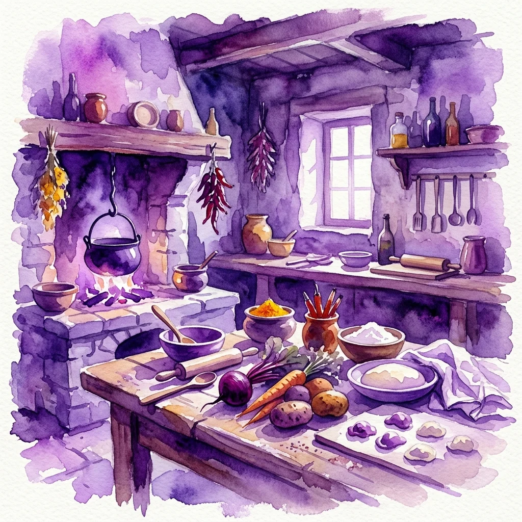 Ilustración en acuarela de una cocina polaca histórica con una chimenea de piedra, especias colgantes y una mesa puesta con verduras de raíz, albóndigas y utensilios de cocina, que evoca la cocina de los siglos XVI-XVIII.