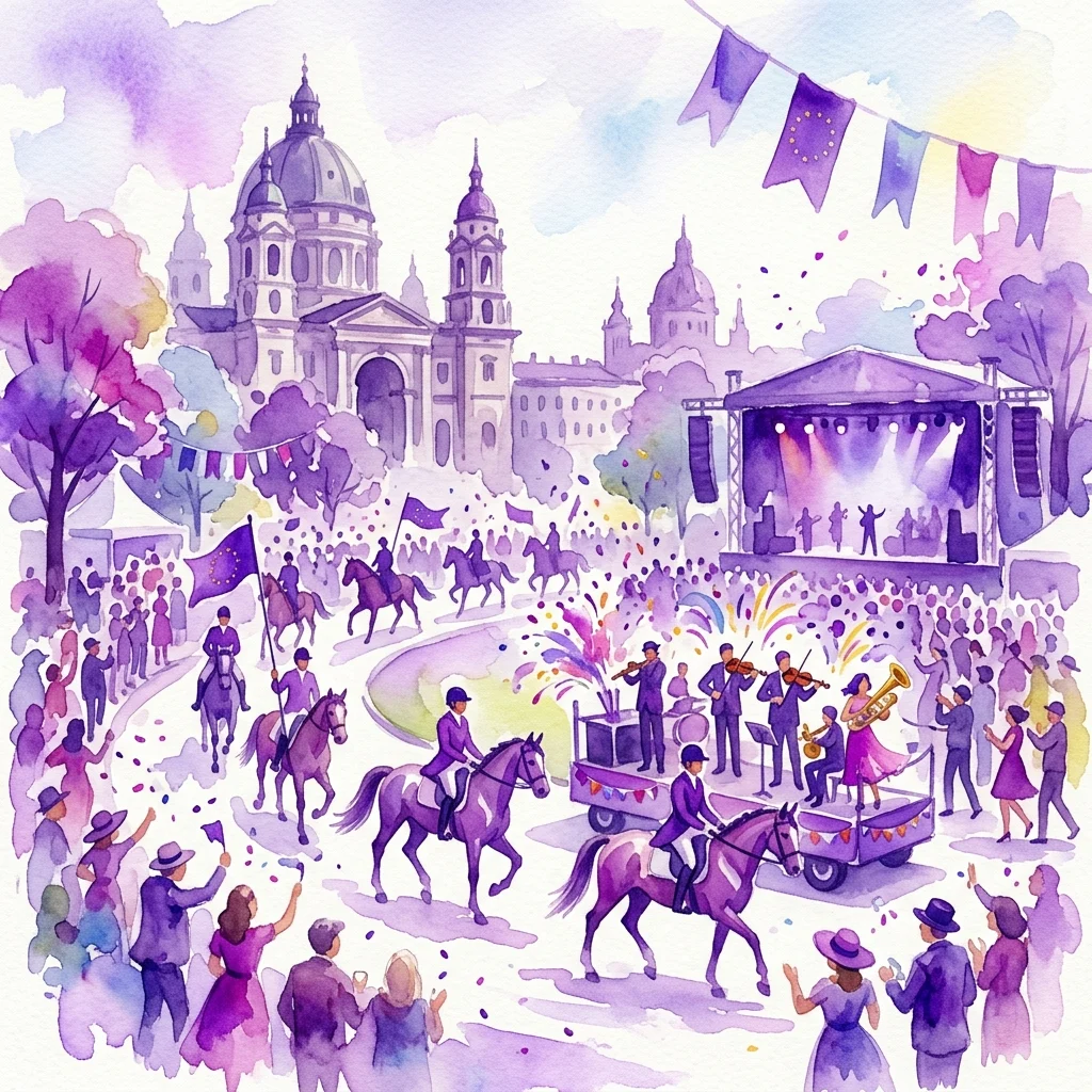 Ilustracja akwarelowa Piknik Europejski 2016, uroczystego wydarzenia plenerowego z paradami konnymi, muzyką na żywo na scenie i tłumami świętującymi w wielkim parku z zabytkową architekturą w tle.