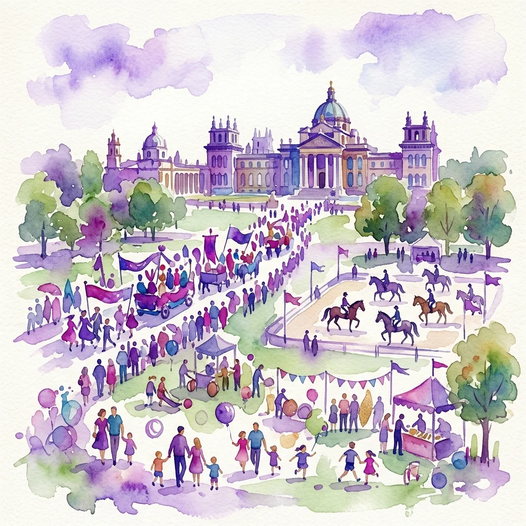 Watercolor illustration of Piknik Europejski 2017, a lively outdoor festival in Royal Łazienki Park featuring colorful parades, horse shows, and family activities against a backdrop of classical architecture.