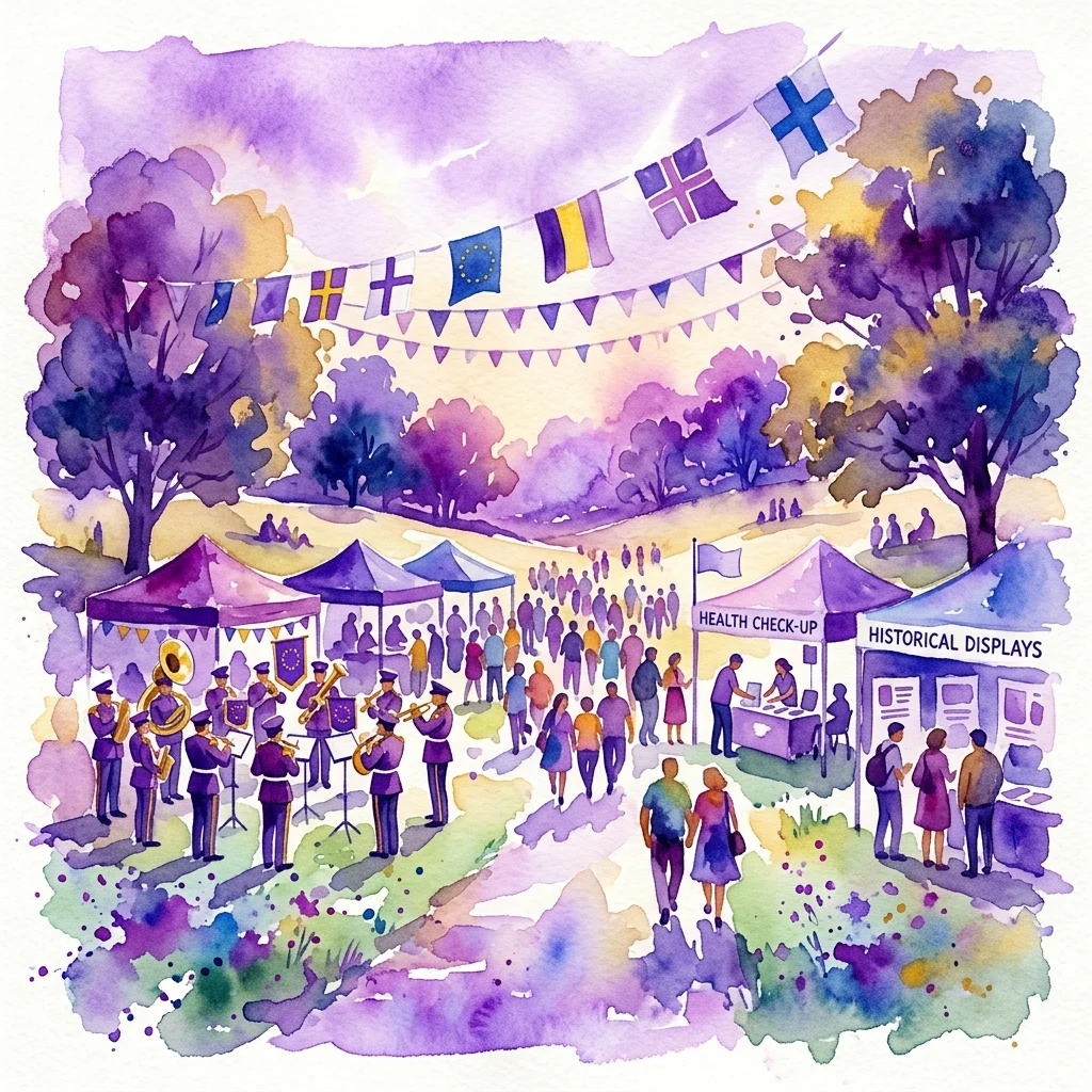 Watercolor illustration of the European Picnic event at Royal Łazienki Park, featuring military bands, health check-up stations, historical displays, and European Union flags.