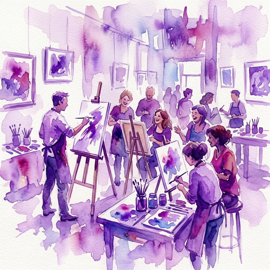 Artistas y estudiantes participan en un taller de pintura en una galería, con instructores que demuestran técnicas y asistentes que crean obras de arte en caballetes.
