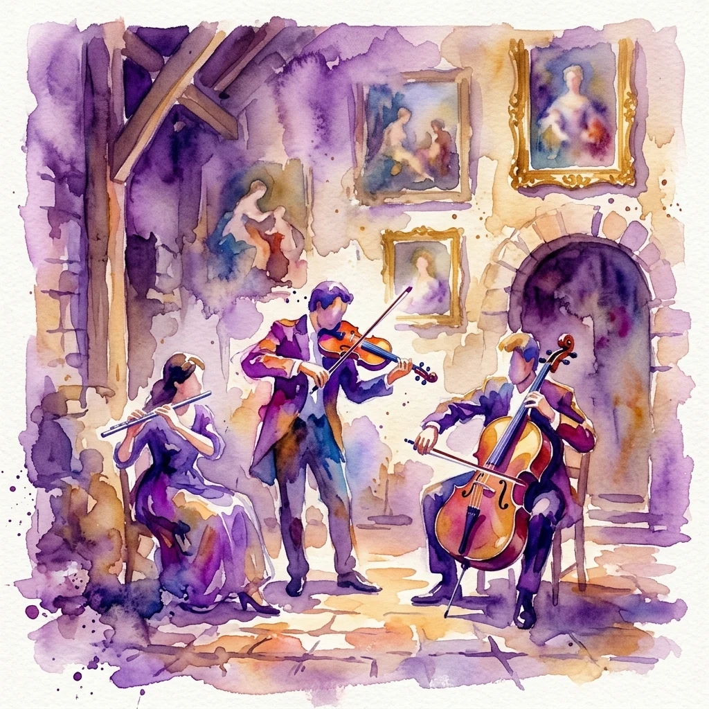 A watercolor illustration of musicians performing in a historic stable with classical paintings on the walls, representing the 'Songs to Paintings' project at the Royal Lazienki Museum.