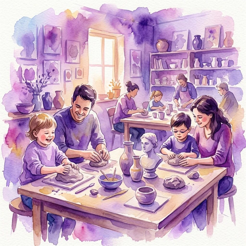 A watercolor illustration of a family-friendly ceramic workshop where children and adults, including those with visual impairments, engage in tactile art activities using clay and classical sculptures.