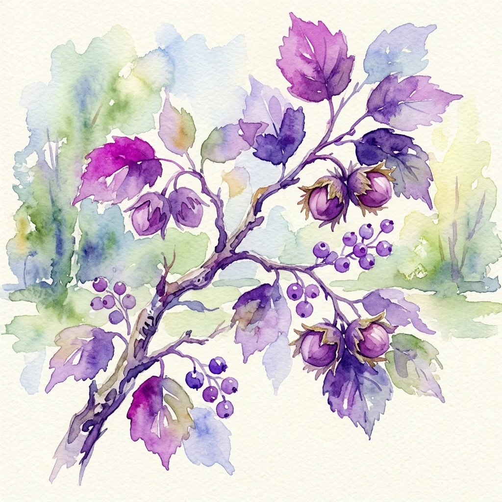 Akwarela przedstawiająca gałąź z fioletowymi liśćmi, jagodami i orzechami laskowymi, nawiązująca do XVIII-wiecznych ilustracji botanicznych i naturalnego otoczenia Parku Królewskiego Łazienki.
