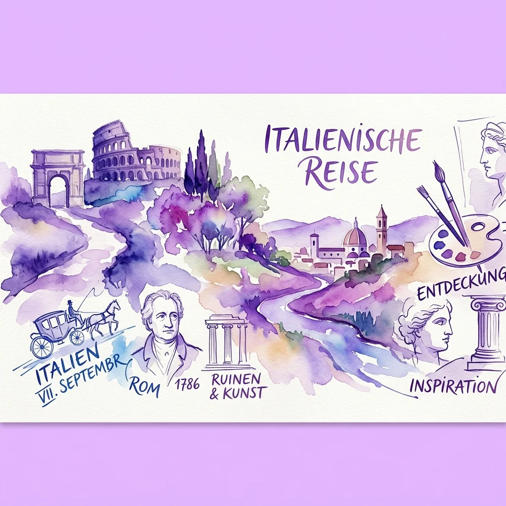 Ilustración en acuarela del Viaje a Italia de Goethe, con ruinas clásicas, paisajes y elementos artísticos, con el texto 'Italienische Reise' y 'Rom 1786' haciendo referencia a sus viajes.