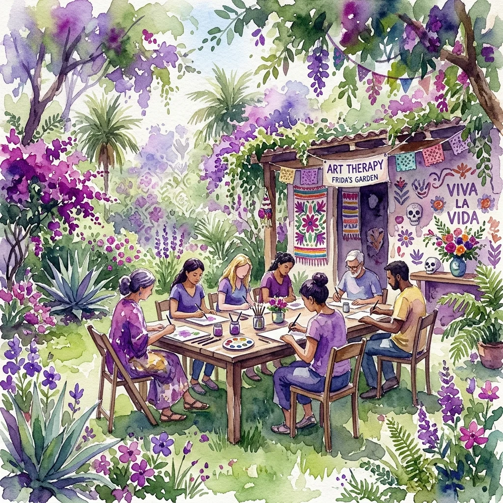 Kunsttherapie workshop in een levendige tuinomgeving waar deelnemers kunst maken geïnspireerd op de stijl van Frida Kahlo, omringd door kleurrijke bloemen en Mexicaanse culturele elementen.