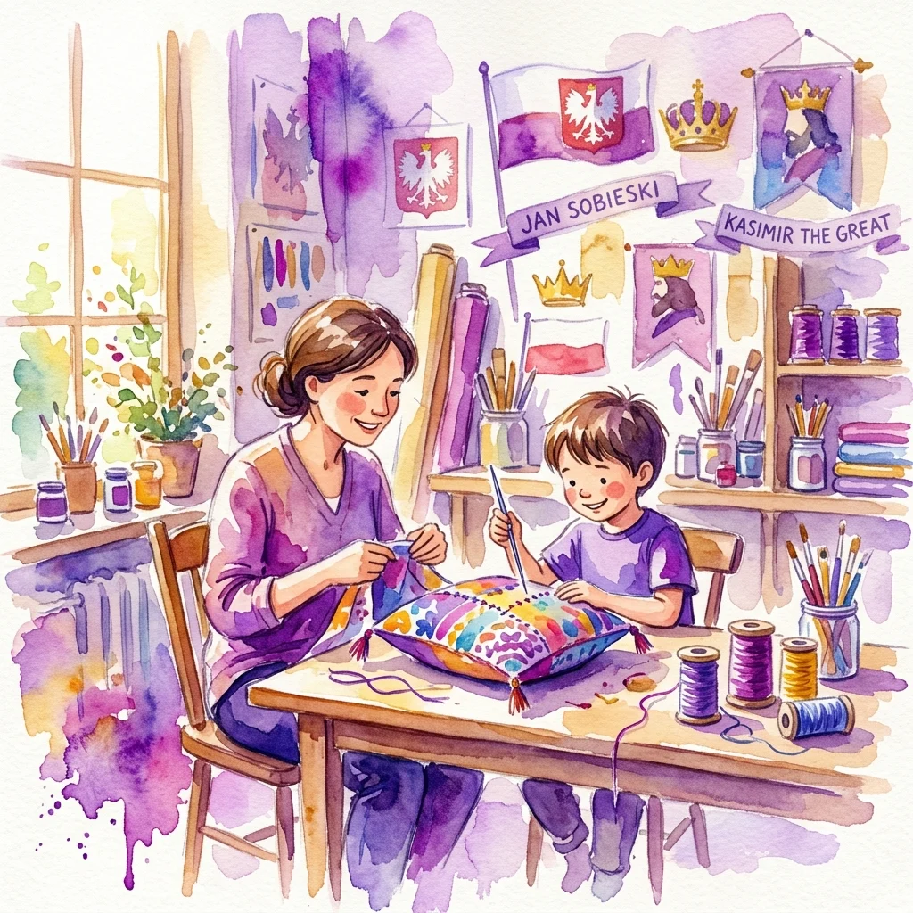 Un niño y un adulto cosiendo juntos un cojín colorido en un taller decorado con símbolos reales polacos, incluyendo banderas, coronas y estandartes que hacen referencia al rey Salomón y a Jan Sobieski.