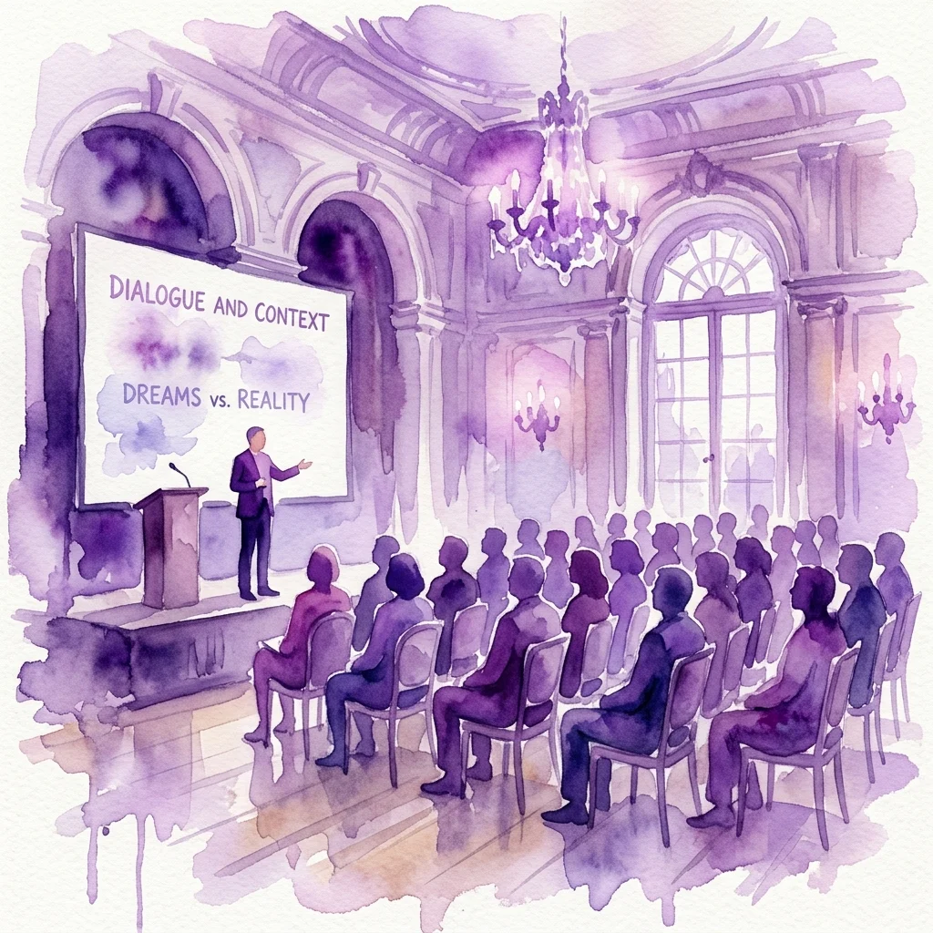 A watercolor illustration of a lecture in a grand historical ballroom, with a speaker at a podium addressing an audience. A screen displays 'DIALOGUE AND CONTEXT' and 'DREAMS vs. REALITY' in a purple-toned setting.