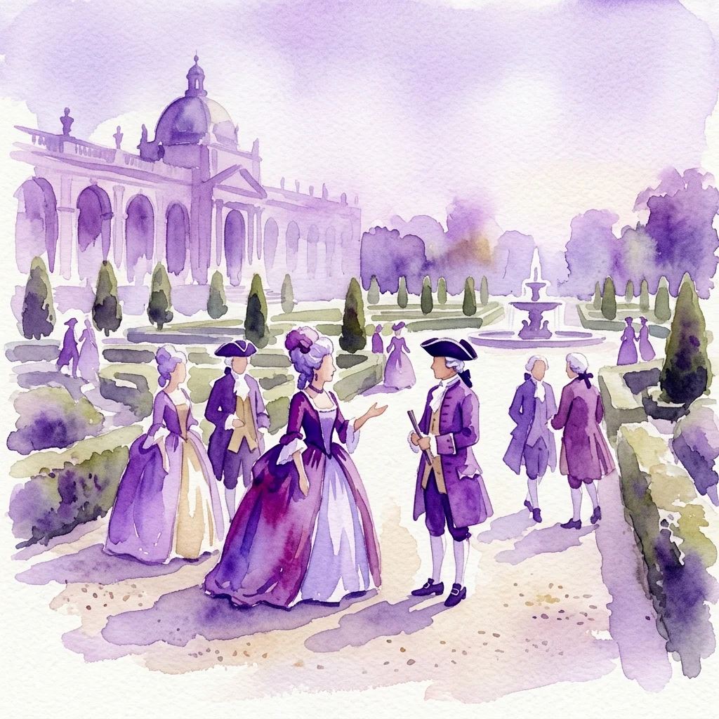 Ilustracja akwarelowa przedstawiająca ludzi w strojach i fryzurach z XVIII wieku w formalnych ogrodach pałacu królewskiego, ukazująca historyczne odtworzenie praktyk modowych i pielęgnacyjnych.