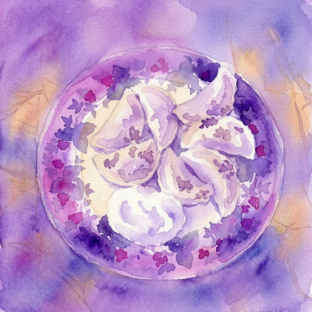 Ilustración en acuarela de pierogi polacos en un plato decorativo con motivos florales morados, que representan la cocina tradicional polaca.