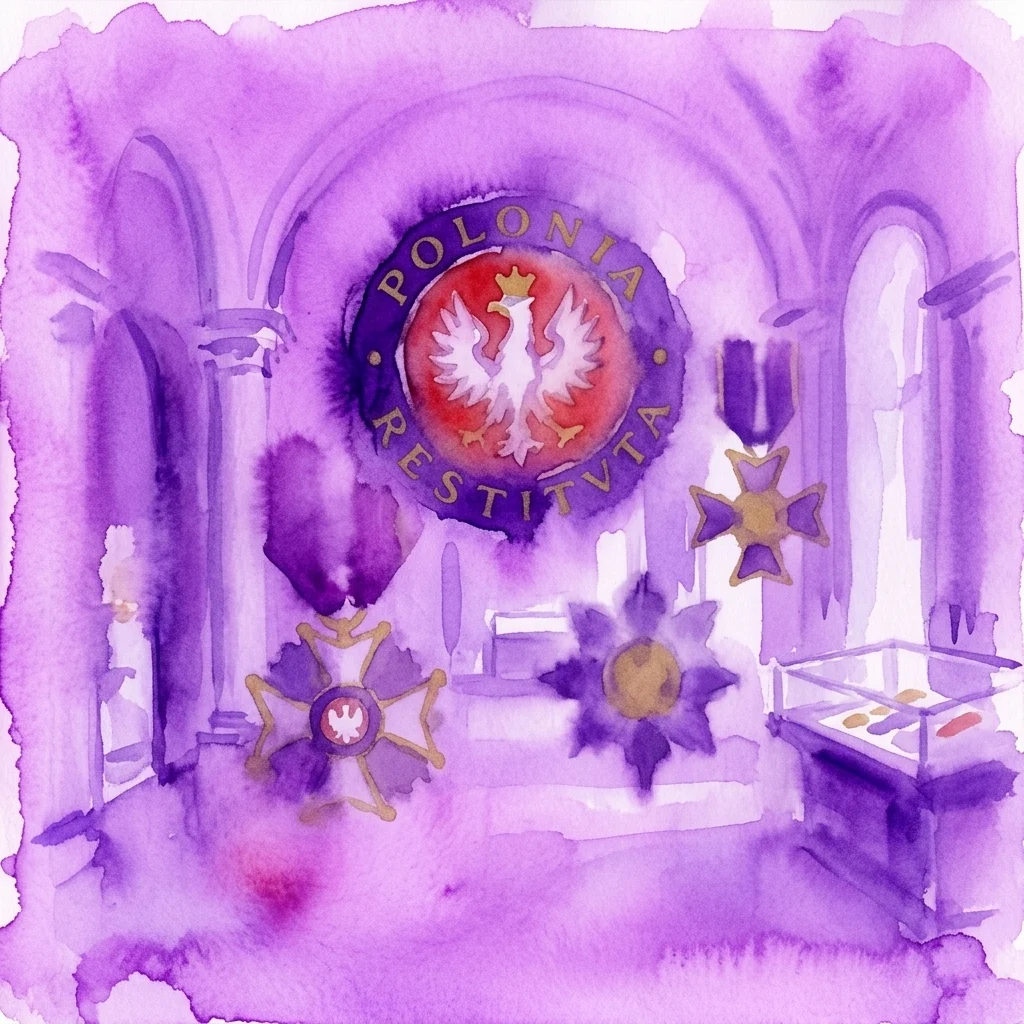 Watercolor illustration of the Order of Polonia Restituta exhibition at Myślewicki Palace, featuring the medal's emblem with a white eagle and purple background, surrounded by other Polish state decorations.