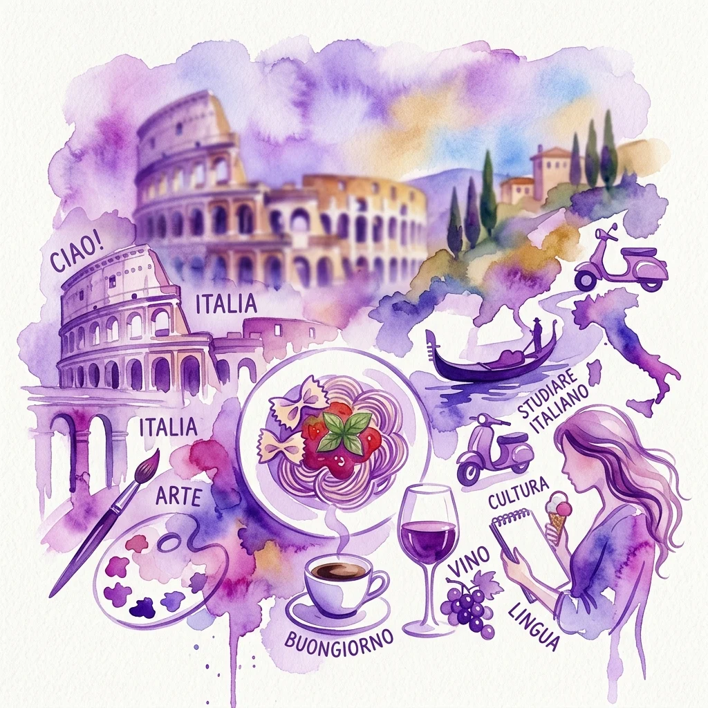 Żywa ilustracja akwarelowa włoskiej kultury przedstawiająca Koloseum, makaron, wino, kobietę uczącą się włoskiego oraz włoskie słowa, takie jak 'Ciao!' i 'Buongiorno'.