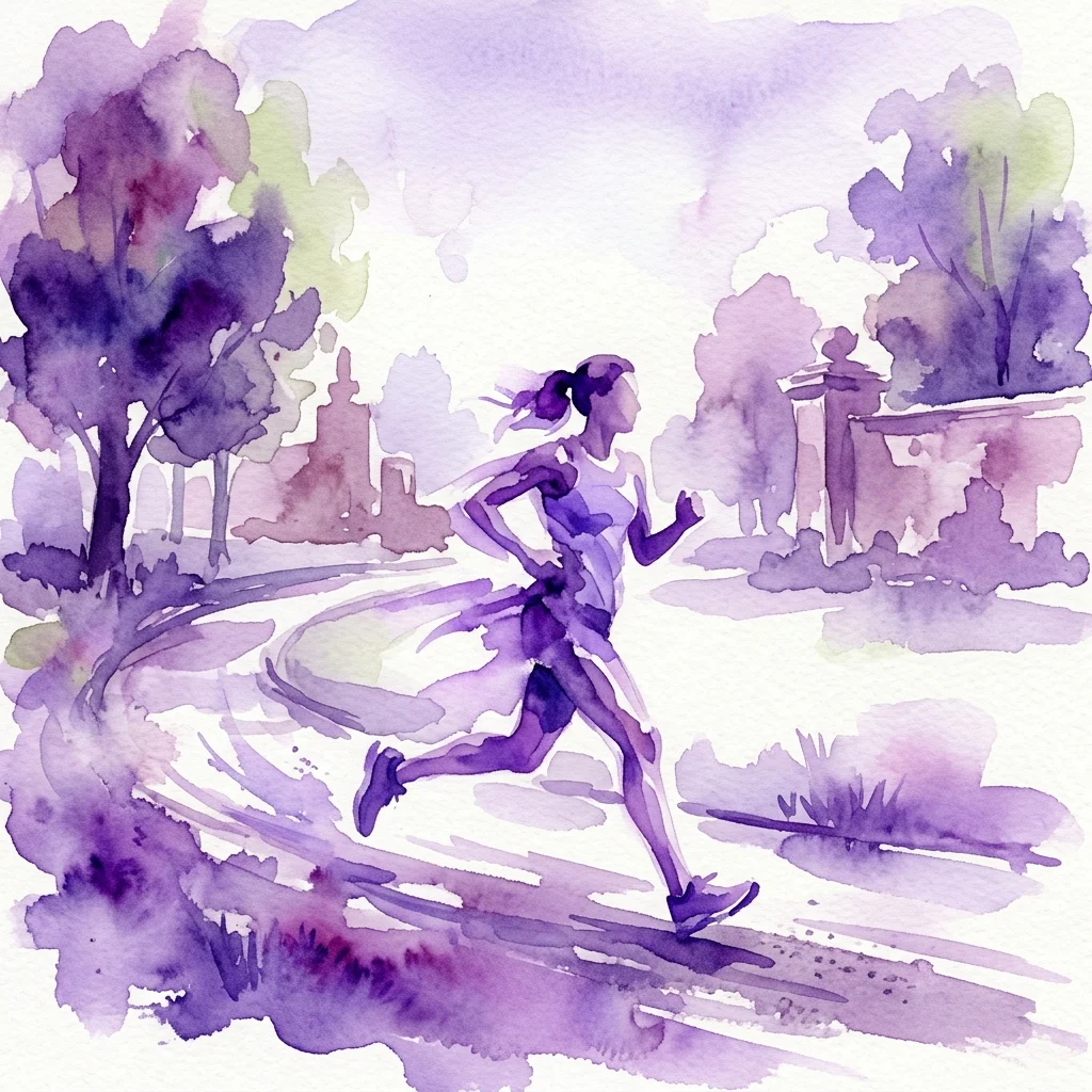 Una ilustración en acuarela de una persona corriendo por los históricos jardines de Łazienki, evocando una carrera matutina con una narrativa histórica sobre el campeón olímpico Janusz Kusociński.