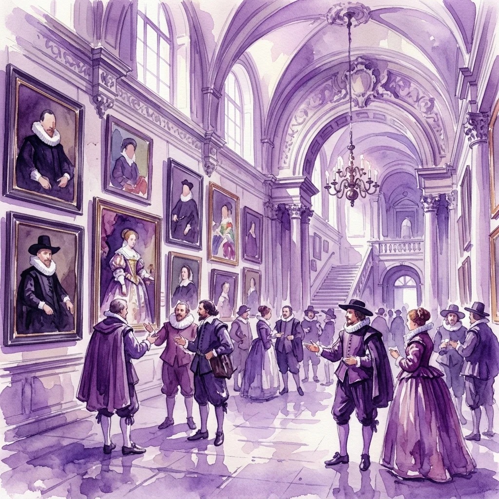 Ilustracja akwarelowa barokowej galerii ze zwiedzającymi w historycznych holenderskich strojach oglądającymi portrety Starych Mistrzów, przywołująca na myśl warsztaty z historii sztuki poświęcone portretowi.