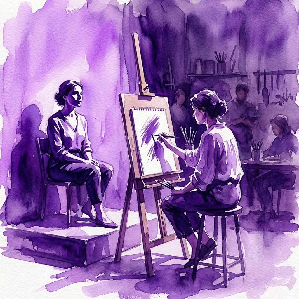 A watercolor illustration of an artist drawing a portrait using chiaroscuro technique, with dramatic lighting and deep shadows, inspired by Baroque art.