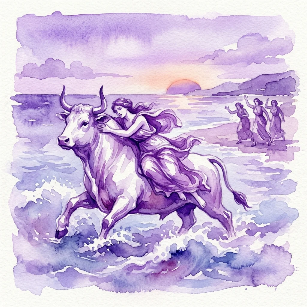 Ilustracja akwarelowa mitologicznej sceny 'Porwanie Europy', przedstawiająca Europę jadącą na byku przez morze, z postaciami w rozpaczy na brzegu w tle.