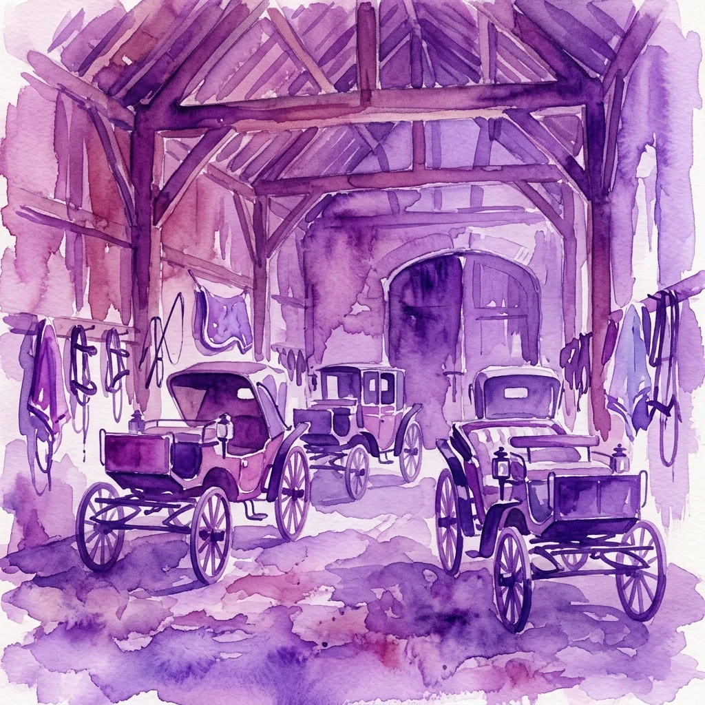 Waterverfillustratie van historische paardenkoetsen en ruitermateriaal tentoongesteld in een stal, ter evocatie van de collectie in Powozownia im. Zbigniewa Prus-Niewiadomskiego.