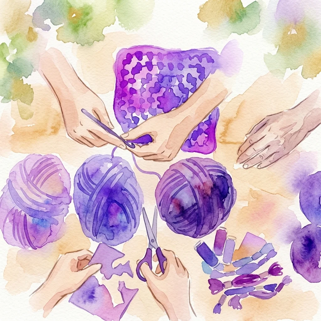 Ilustracja akwarelowa przedstawiająca dłonie zajęte rękodziełem, w tym dzierganiem fioletową włóczką, cięciem papieru i używaniem nożyczek, reprezentująca tradycyjny warsztat rzemieślniczy.