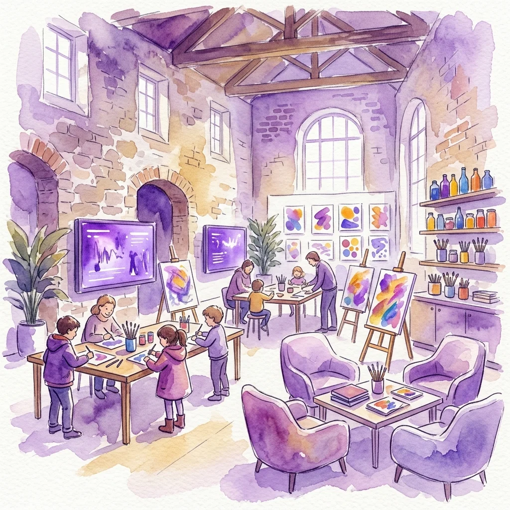 Un estudio de arte interactivo en la Antigua Casa de la Guardia del Palacio Łazienki, con niños y adultos creando arte con materiales coloridos, pantallas interactivas y exhibiciones históricas, parte de la exposición 'Łazienki in Delight'.
