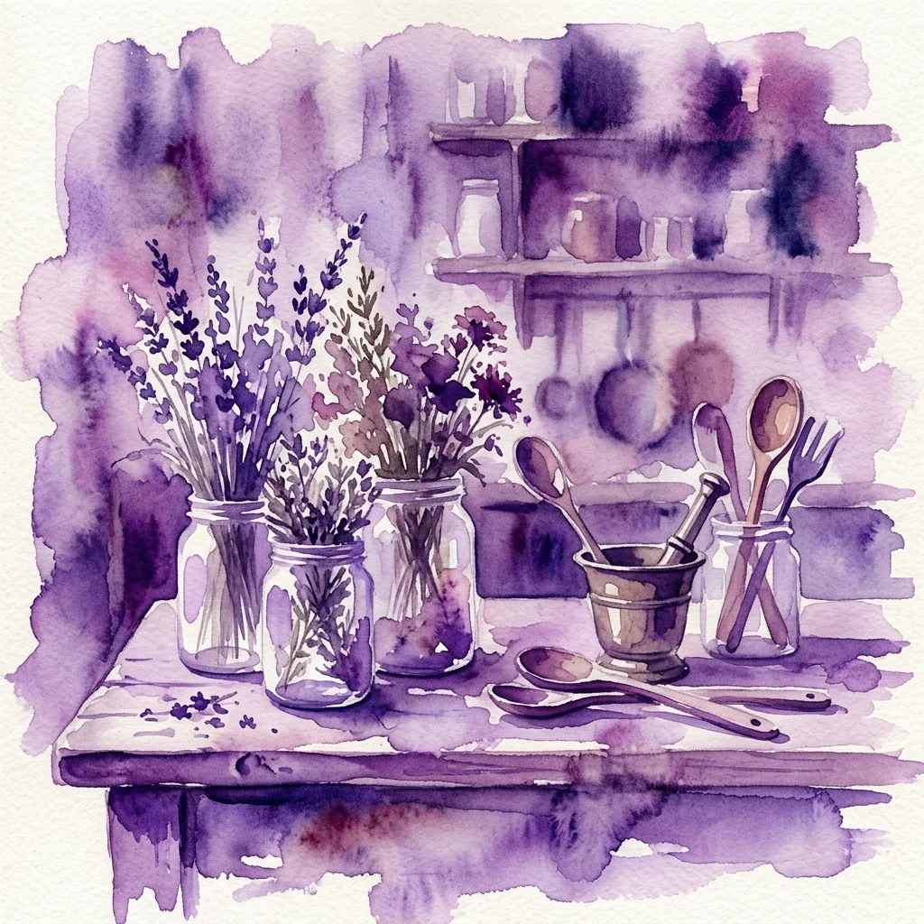 Watercolor illustration of a rustic kitchen counter with jars of dried herbs and flowers, antique culinary tools, and a mortar and pestle, evoking historical wild cuisine practices.