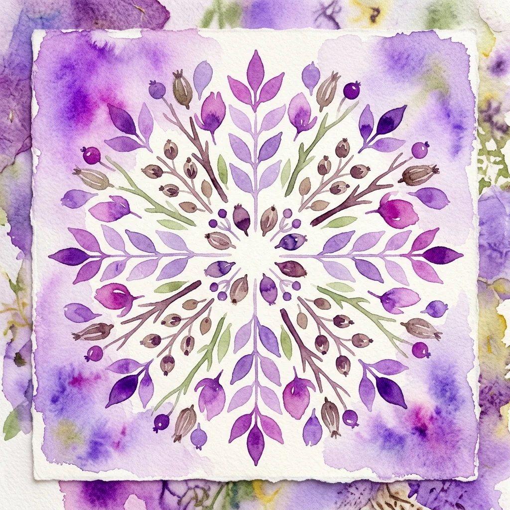 A watercolor mandala featuring natural elements like leaves, berries, and twigs in shades of purple and green, created as part of an eco-friendly art workshop.