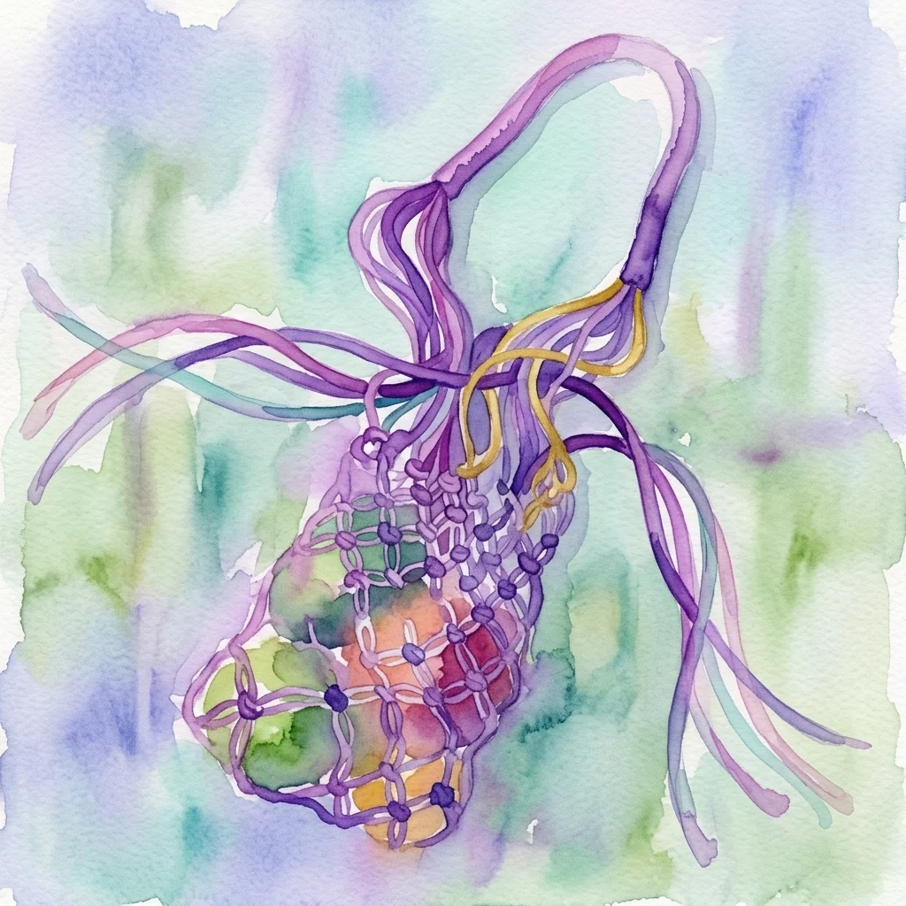 Una ilustración en acuarela de un bolso de macramé hecho a mano con cordones de colores púrpura, amarillo y verde, que muestra intrincados nudos y un diseño reutilizable.