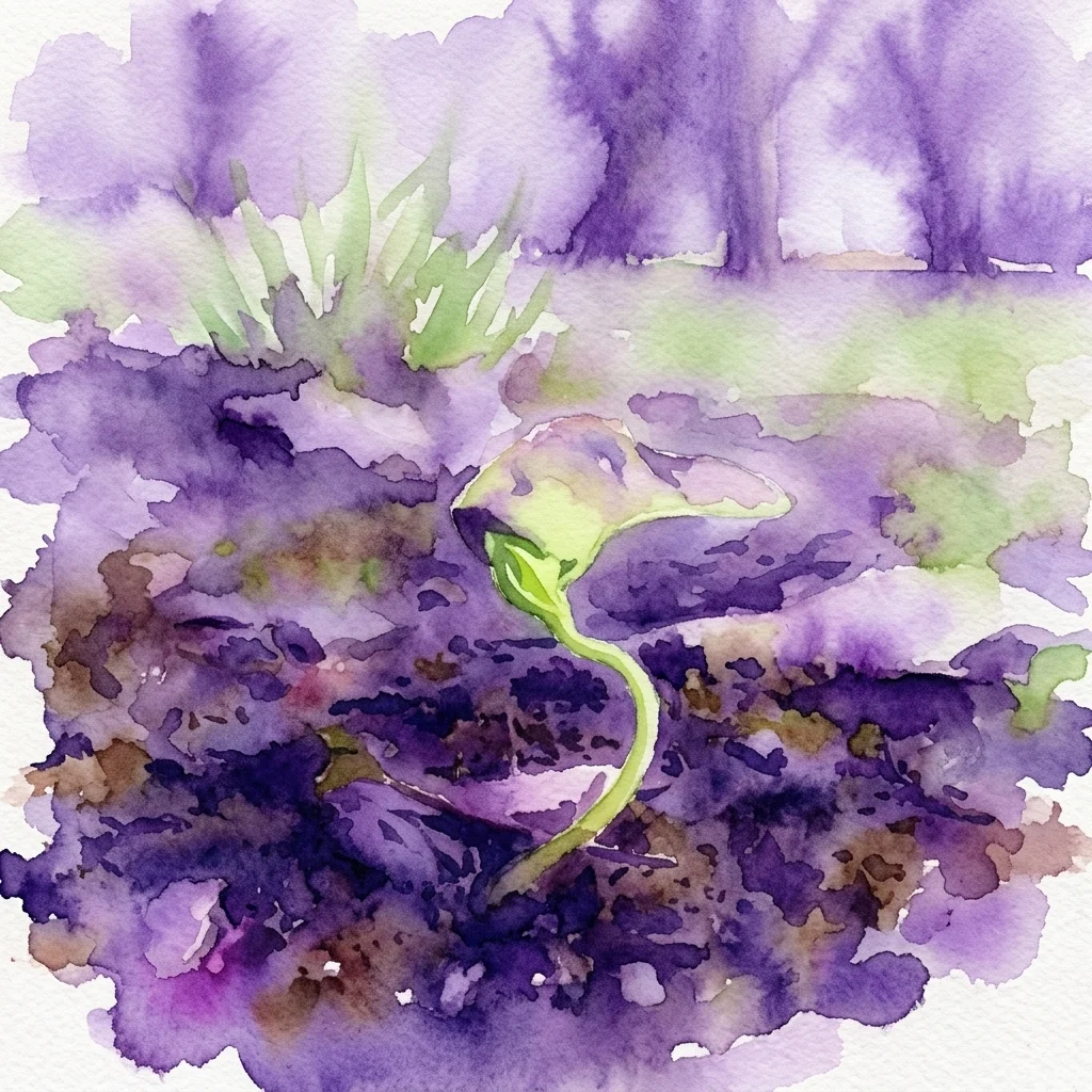 Een aquarel van een groene spruit die opkomt uit donkere aarde, symbool voor nieuwe groei en het belang van de bodem als natuurlijke hulpbron.