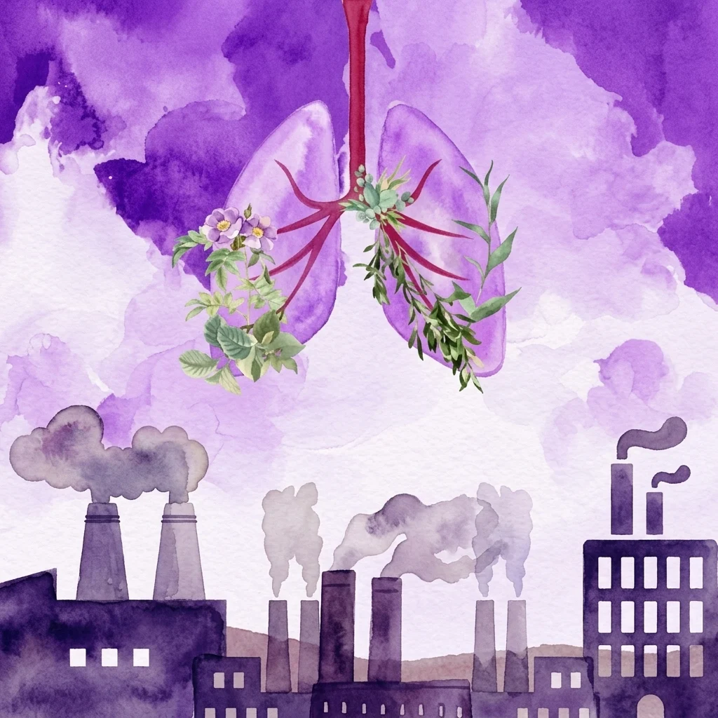 Waterverfillustratie van menselijke longen met planten die erin groeien, tegen een paarse lucht met industriële schoorstenen die vervuiling uitstoten, wat de luchtkwaliteit en milieugezondheid symboliseert.
