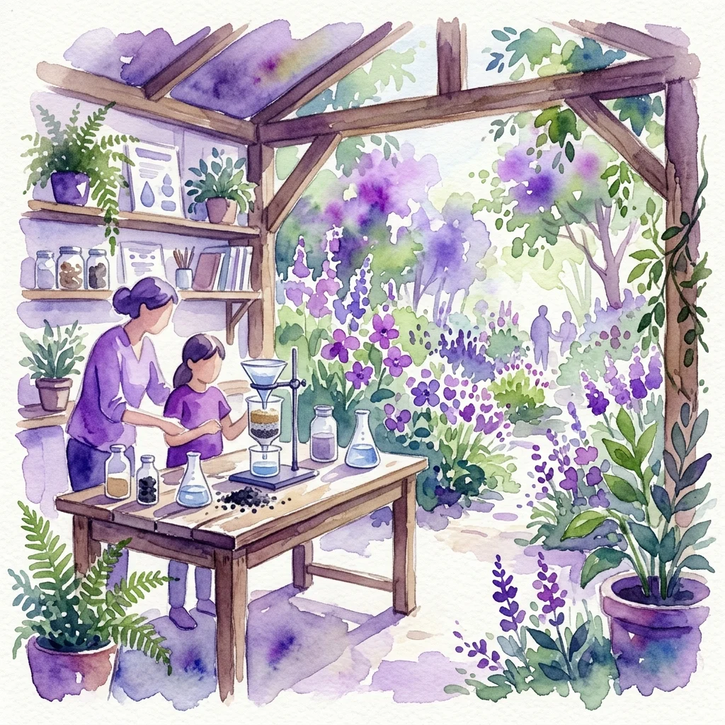 A watercolor illustration of a workshop where an adult and child conduct a water filtration experiment with a DIY filter setup, surrounded by plants and purple flowers in a garden setting.