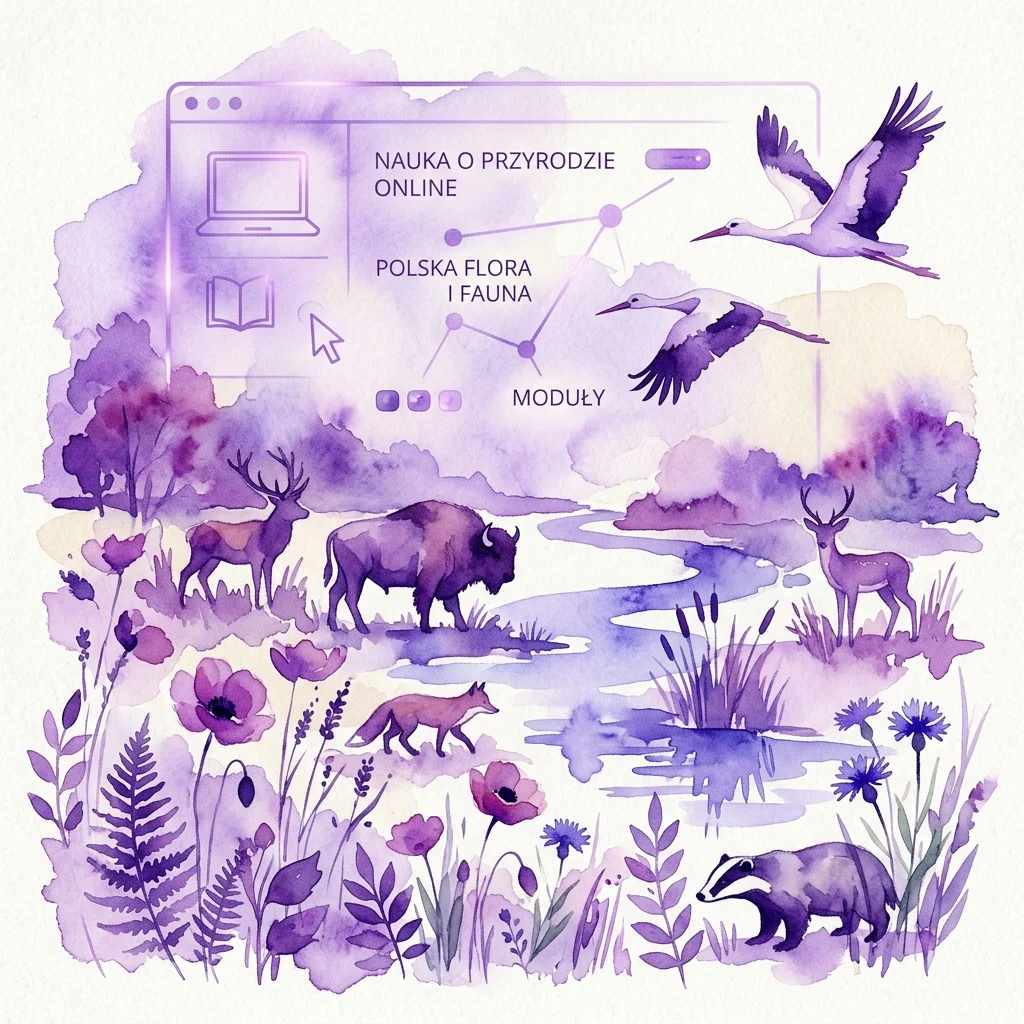 Ilustracja polskiej flory i fauny, w tym żubra, jeleni, lisa, borsuka i ptaków, na tle fioletowej akwareli z nałożonym interfejsem do nauki online.