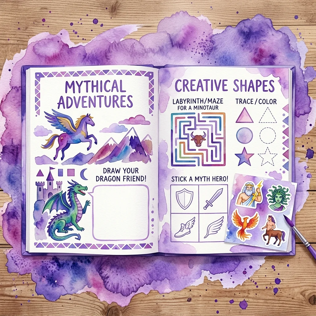 Un libro infantil interactivo abierto titulado 'Przemiany w grafice' con páginas coloridas con aventuras míticas, una actividad de dibujo de dragones y ejercicios creativos de formas como laberintos y pegatinas.