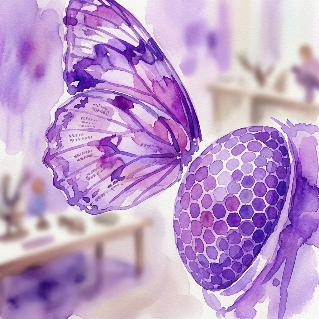 Ilustracja akwarelowa skrzydła motyla i powiększonego oka owada, reprezentująca wystawę 'Beautiful what is invisible' w Pałacu Łazienkowskim, prezentującą mikroskopijne detale natury.