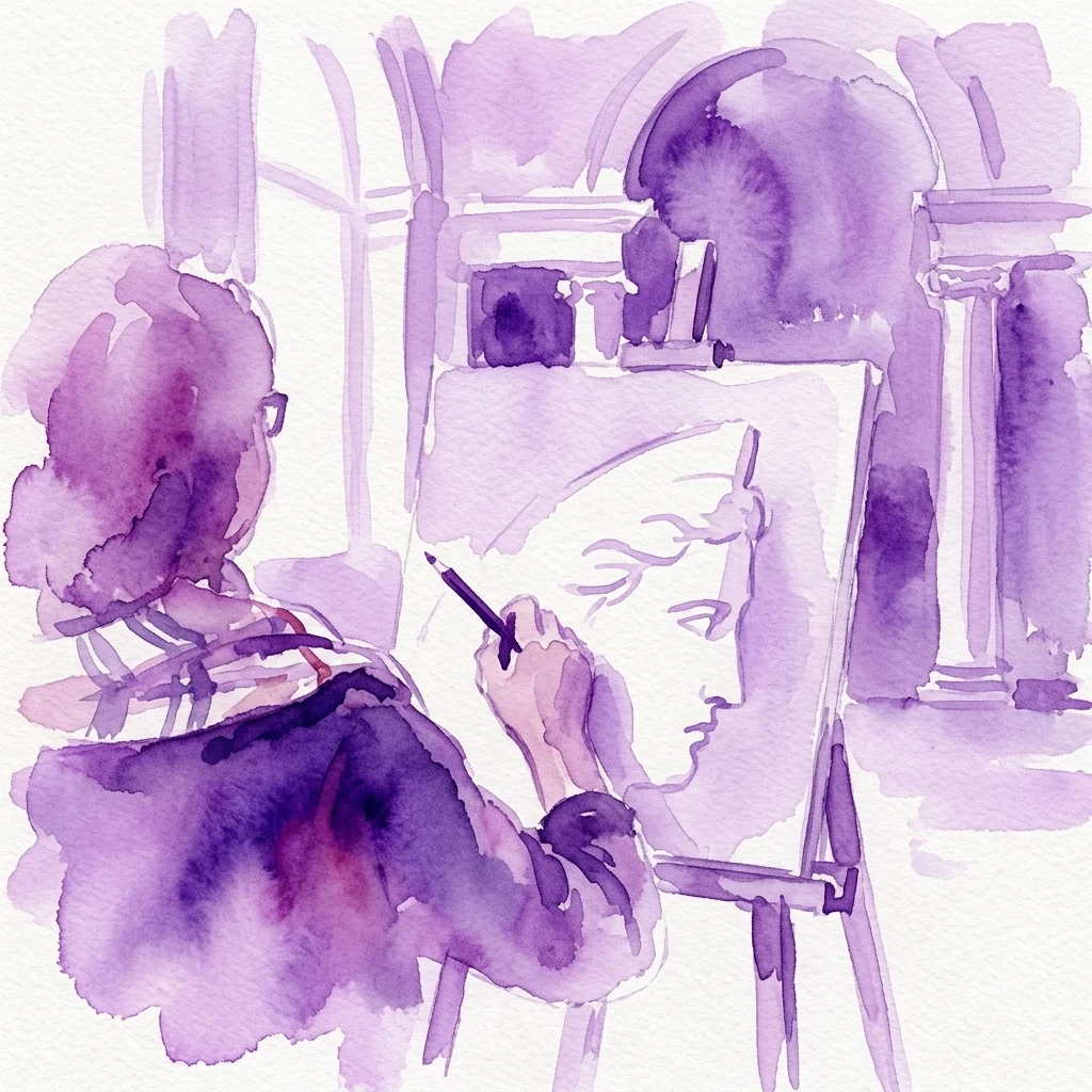 Una persona dibujando un retrato en un caballete en un museo, utilizando lápices en un taller de dibujo con arquitectura clásica de fondo.