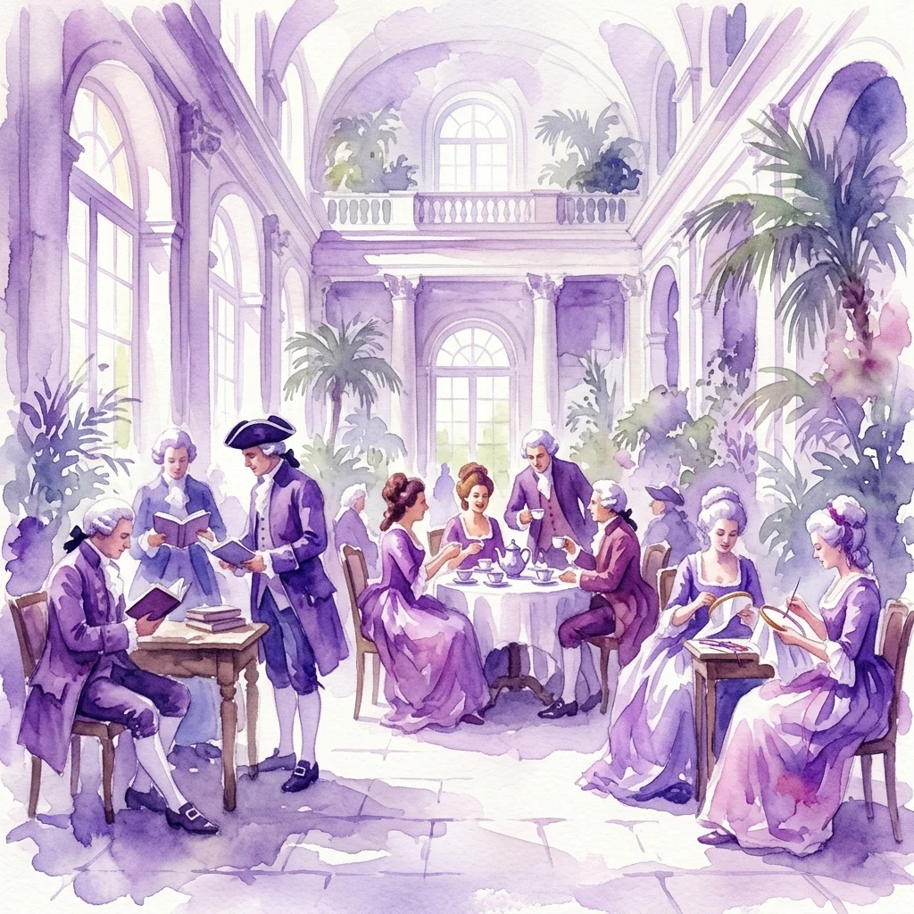 Ilustracja akwarelowa XVIII-wiecznych rekonstruktorów w strojach historycznych w Starej Oranżerii, biorących udział w zajęciach takich jak czytanie, picie herbaty i haftowanie podczas wydarzenia „Przyjemnie i pożytecznie”.
