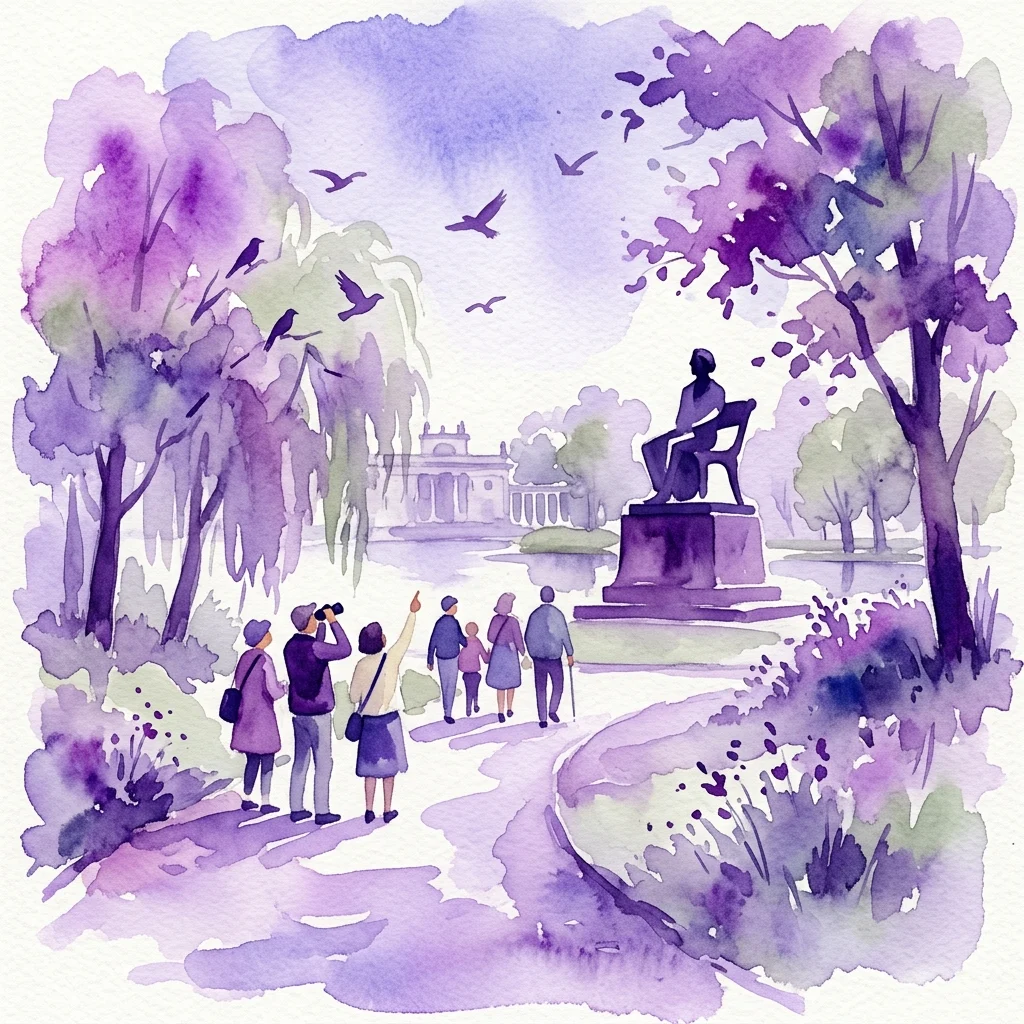 A watercolor illustration of a nature walk in Łazienki Park, with people observing birds and a prominent sculpture, reflecting the 'Ptaki świata' exhibition theme.