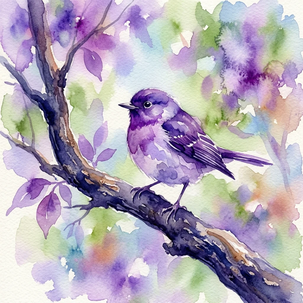 Aquarel van een paarse vogel die op een boomtak zit met een kleurrijke, wazige achtergrond van bladeren en bloemen.
