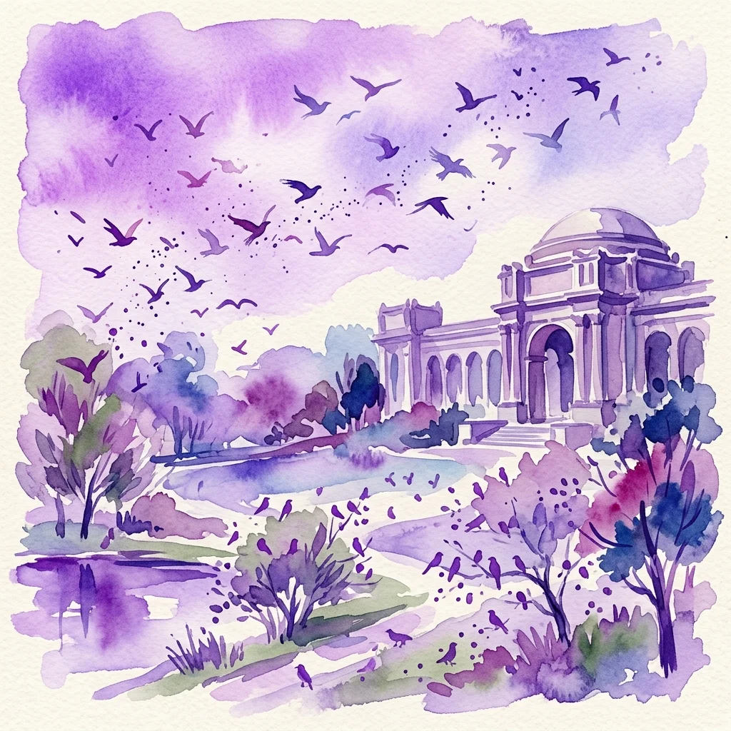 A watercolor illustration of birds in flight and perched in a park landscape with classical architecture, evoking the theme of bird migrations at Łazienki Gardens.