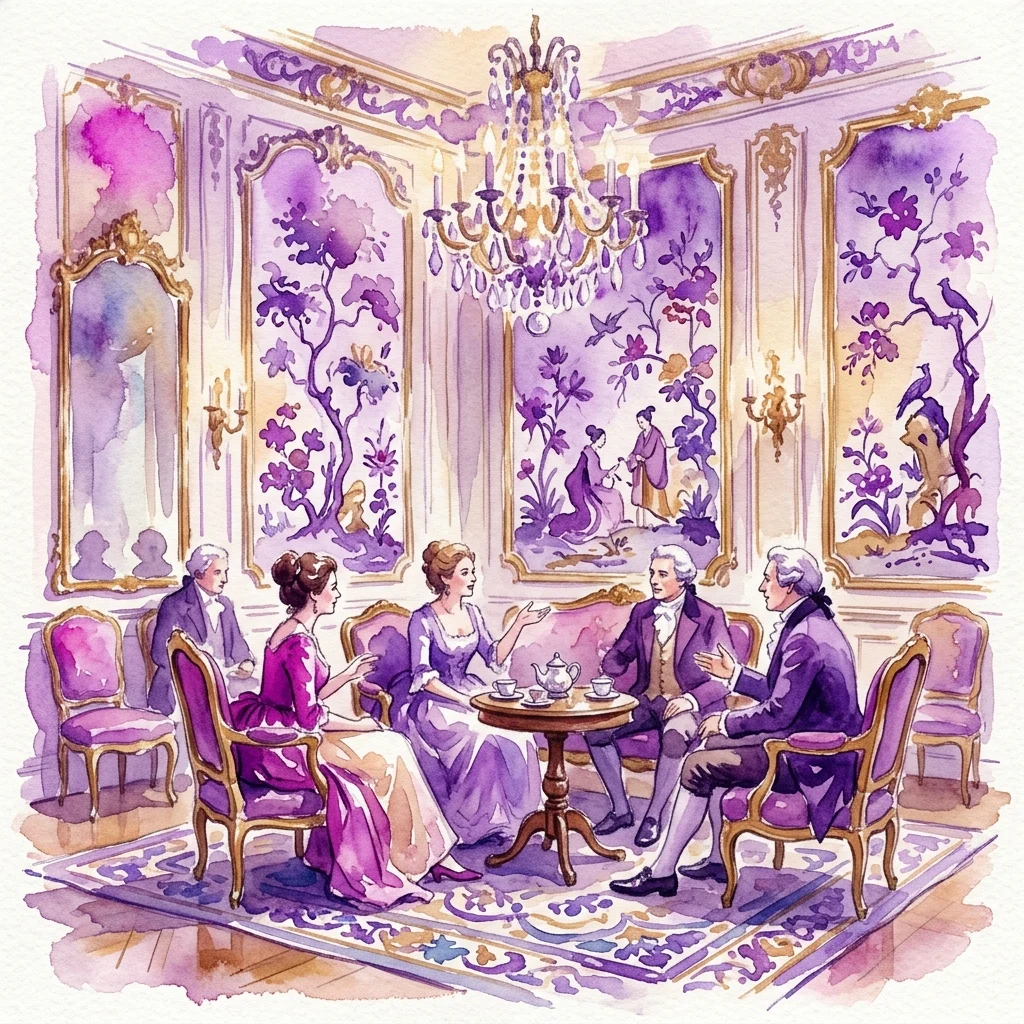 Akwelowa ilustracja francuskiego salonu z XVIII wieku z ludźmi w strojach z epoki prowadzącymi rozmowę, w ozdobnym pomieszczeniu z panelami ściennymi w stylu chinoiserie, kryształowym żyrandolem i fioletowymi meblami.