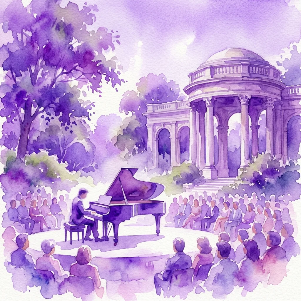 Ilustracja akwarelowa recitalu fortepianowego w nasłonecznionym parku, z pianistą grającym na fortepianie grand, otoczonym przez publiczność, na tle klasycznej architektury i bujnej zieleni.