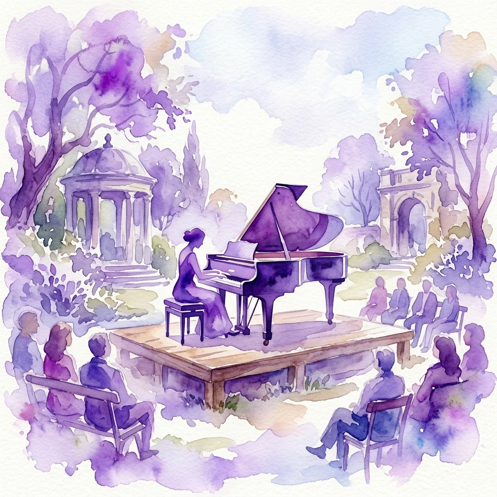 Ilustracja akwarelowa klasycznego recitalu fortepianowego w zabytkowym parku, przedstawiająca pianistę grającego na fortepianie na zewnętrznej scenie z publicznością siedzącą w tle.
