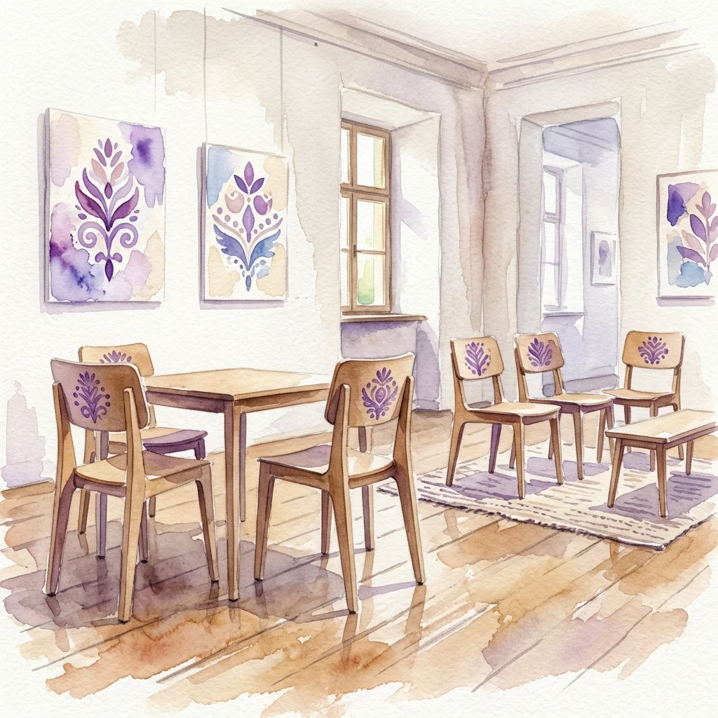 Akwarelowa ilustracja wnętrza galerii z nowoczesnymi drewnianymi krzesłami i stołem ozdobionym polskimi ludowymi motywami kwiatowymi w odcieniach fioletu, w towarzystwie pasujących oprawionych dzieł sztuki.